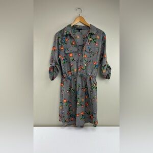 Gingham Floral Shirt Dress | Cinched Waist Boho Mini Dress